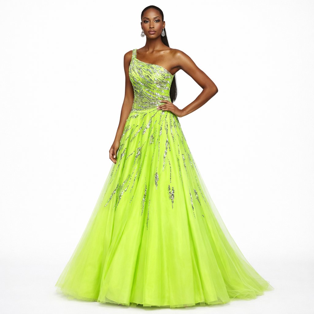 Mac Duggal 85120 One Shoulder Sequin A-Line Ball Gown Lime 2